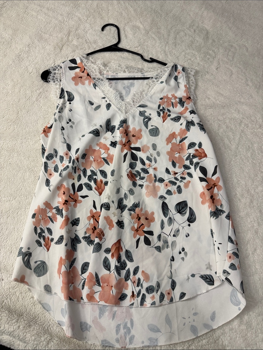 Sleeveless Lace-Trim Floral V-Neck Top - White with Peach Floral